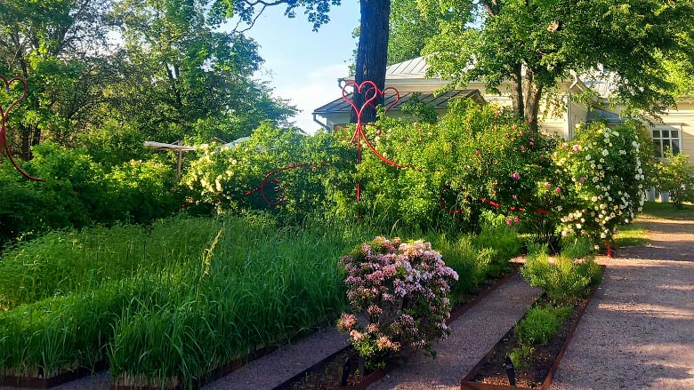 Keltaisia taloja ja puutarhaa